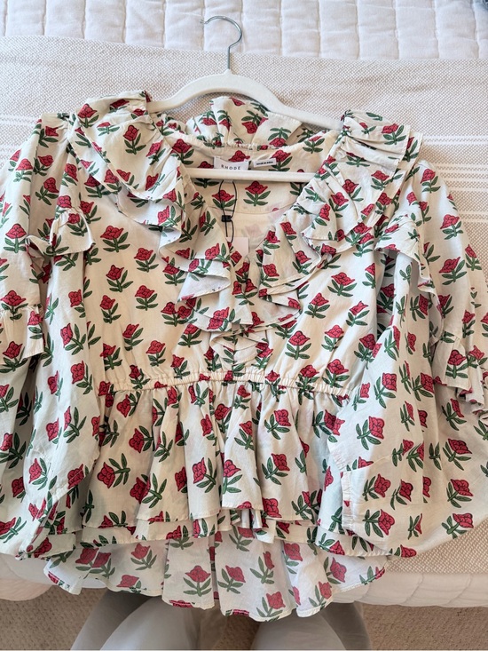 RHODE Tops - RHODE Cream Blouse with Red Rose Print and Green Leaves